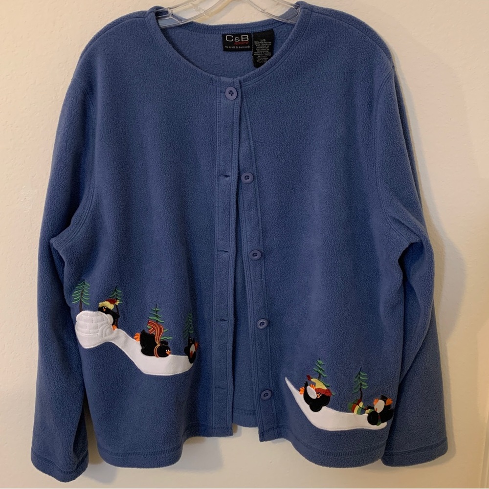 C&B Sport by Croft & Barrow Sweater Sz. L Blue Button Up Penguins In The Snow